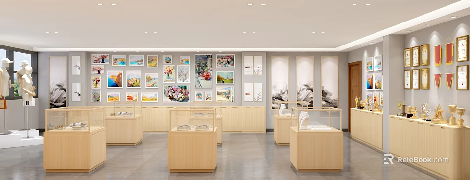Art Exhibition Hall With Various Paintings On Walls And Wooden Display Cabinets For Exhibits 3d model 
