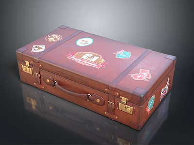 Vintage Leather Suitcase With Decorative Travel Stickers And Brass Lock Details For Living Essentials 3d model