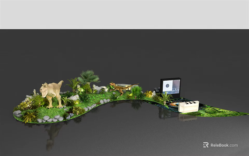 Natural Landscape Display With Lion Figure Green Plants Grass Rocks Laptop And Keyboard 3d model 