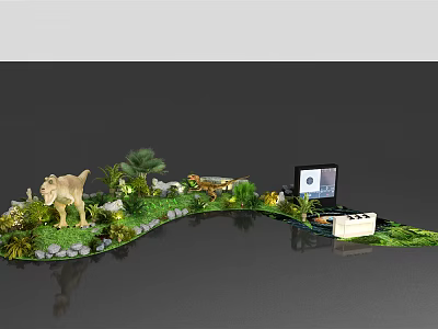 Natural Landscape Display With Lion Figure Green Plants Grass Rocks Laptop And Keyboard 3d model