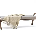 Wooden Frame Ottoman With Beige Fringed Knit Blanket And Light Gray Cushion