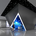 Hi Tech Exhibition Hall With Circular Interactive Screen And Display Stands Featuring Visitors 3d model
