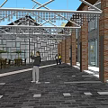 Industrial Factory Building Red Brick Black Roof Glass Garage Door and Outdoor Area People Walking