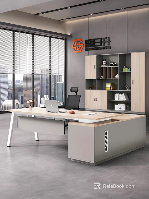 Modern Office Interior Design With Wooden Desk Laptop Chair Cabinet And City View 3d model 