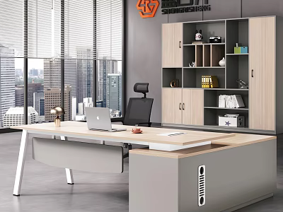 Modern Office Interior Design With Wooden Desk Laptop Chair Cabinet And City View 3d model