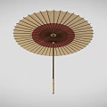 Traditional Style Umbrella With Cream And Deep Red Canopy Black Ribs Brown Handle Gold Accents