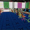 Modern Computer Classroom Interior With Blue Geometric Floor Yellow Chairs And Computers