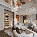 Elegant Modern Bedroom Interior With Gold Chandelier Upholstered Headboard Nightstands Sofa And Curtains