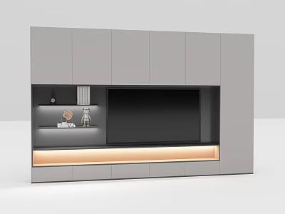 Modern TV Wall Unit With Gray Cabinetry Black Panel And Warm LED Lighting 3d model