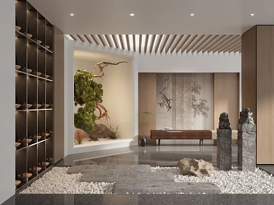 Relaxing Modern Leisure Area With Wooden Shelves Greenery Stones And Bench 3d model