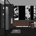 Modern Bathroom Interior With Marble Accent Wall Glass Shower And Wooden Vanity