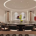 Elegant Modern Private Dining Room With Circular Ceiling Light Large Round Table And Upholstered Chairs 3d model