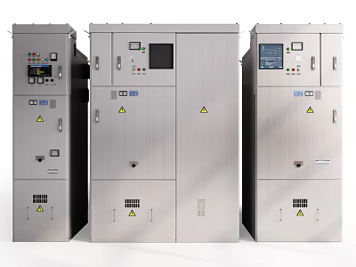 Industrial Control Cabinets Silver Metal Enclosures with Display Screens Control Panels and Warning Signs 3d model