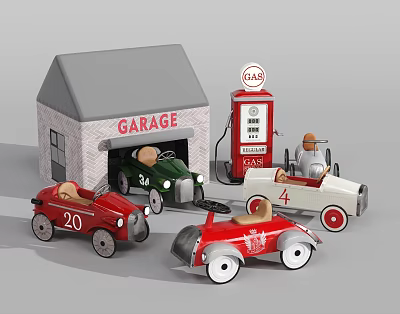 Electric Toy Cars with Garage and Gas Station Red Green White Models with Numbers 20 and 4 3d model