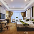 Elegant Hotel Room Interior Featuring Comfortable Bed TV Curtains And Green Plants