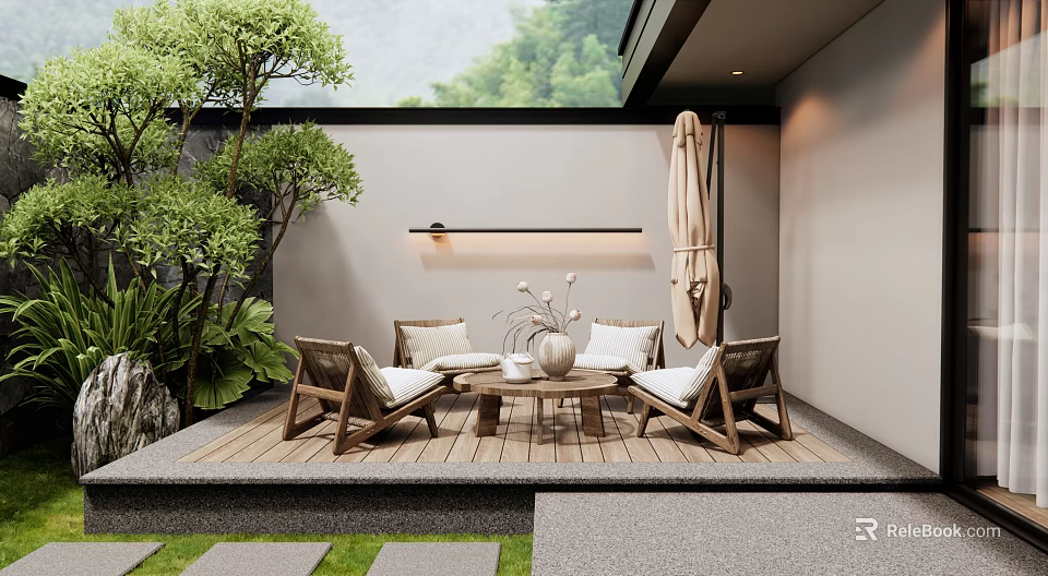 Cozy Wooden Outdoor Chairs On Patio With Green Plants And Umbrella 3d model 