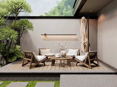 Cozy Wooden Outdoor Chairs On Patio With Green Plants And Umbrella 3d model