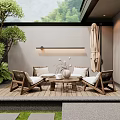 Cozy Wooden Outdoor Chairs On Patio With Green Plants And Umbrella