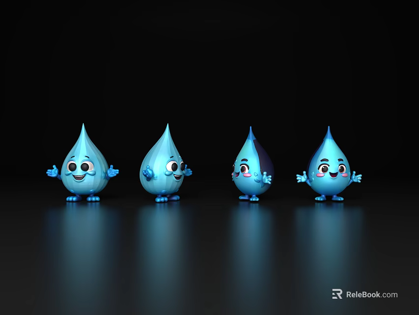 Blue Water Drop Shaped Decorative Ornament Set With Smiling Faces And Cute Arms 3d model 
