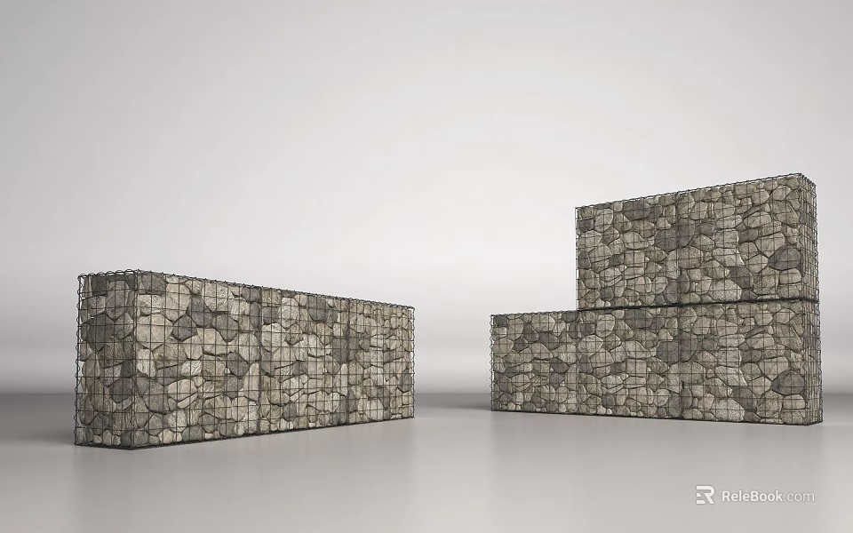 Modern Building Exterior Wall With Textured Stone Blocks And Wire Mesh Structure 3d model