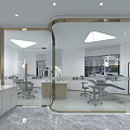 Modern Office Interior Design With Curved Glass Partition Desks Chairs And Pendant Lights