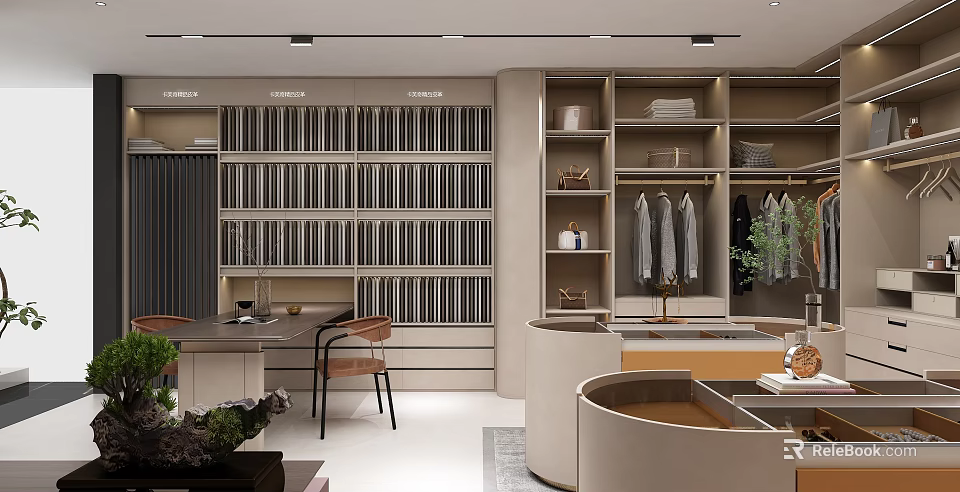 Modern Retail Store Interior With Clothing Racks Display Shelves And Decorative Plants 3d model 