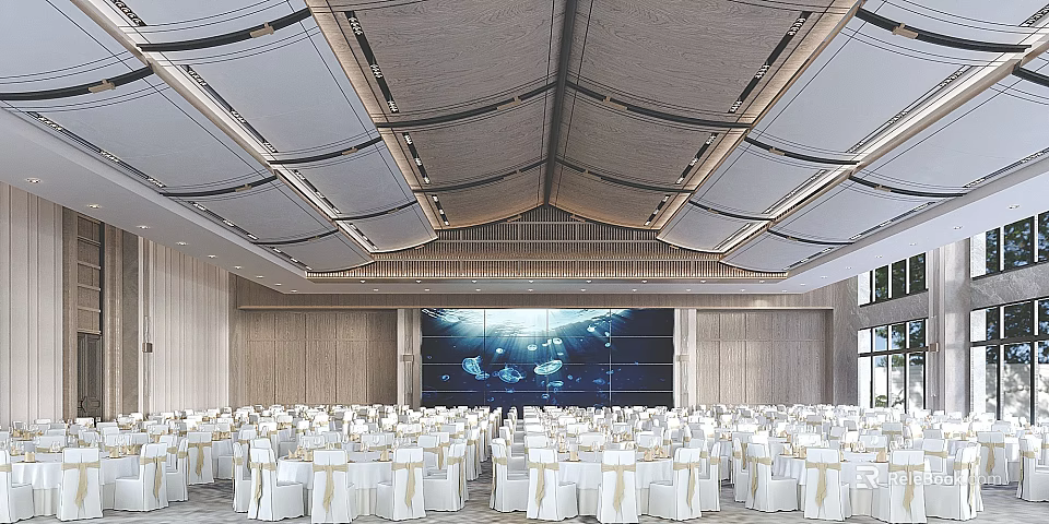 Modern Banquet Hall Interior Design With Stylish Ceiling Large Screen And White Tables Chairs 3d model 
