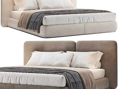 Modern Double Bed Design With Upholstered Headboard White Pillows And Striped Blanket 3d model