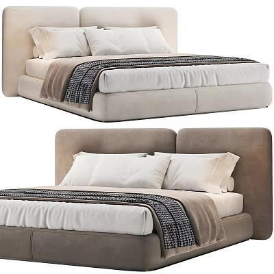Modern Double Bed Design With Upholstered Headboard White Pillows And Striped Blanket 3d model