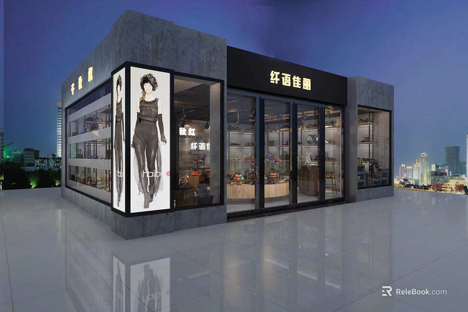 Modern Shopping Mall Fashion Retail Store With Glass Front Window And Clothing Displays At Night 3d model 
