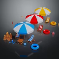 Colorful Striped Outdoor Beach Chairs With Umbrellas Life Rings And Sandcastle