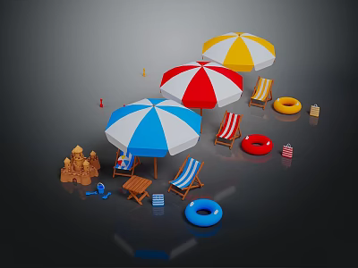 Colorful Striped Outdoor Beach Chairs With Umbrellas Life Rings And Sandcastle 3d model