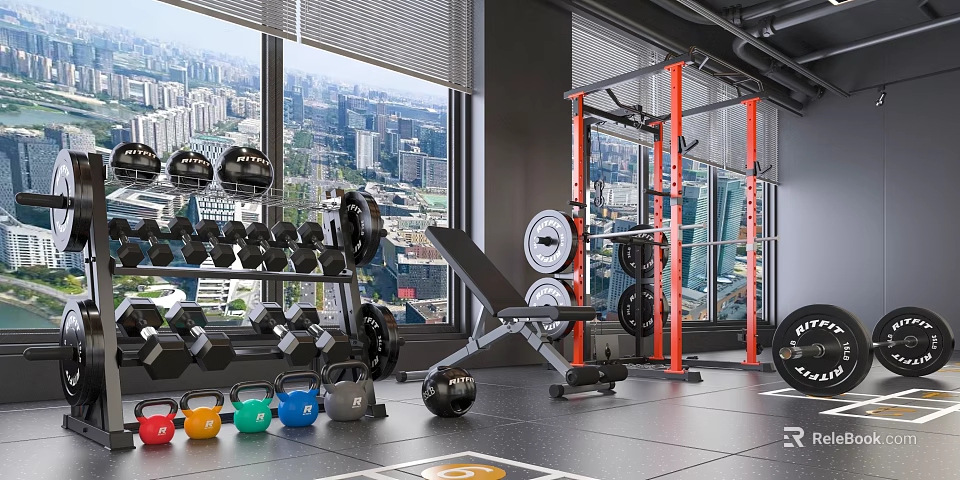 Modern Gym Interior With Various Fitness Equipment And City View 3d model 