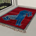 Red Square Rug With Blue Lion Pattern Fringes And Geometric Border 3d model