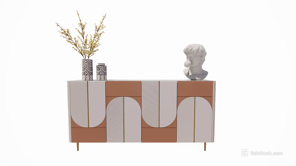 Modern Brown And White Sideboard With Gold Accents Vase Dried Branches And Bust Sculpture 3d model 
