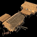 Rustic Log Cabin Exterior With Thatched Roof Wooden Structure Porch And Barrels