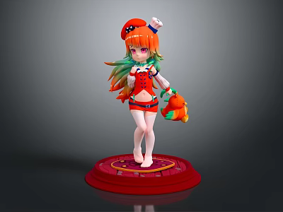 Colorful Anime Girl Character With Orange Green Hair Holding Fish Creature On Red Base 3d model