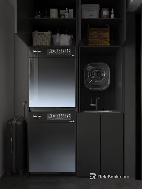 Modern Living Room Interior With Toshiba Washer Dryer Black Cabinets And Sink 3d model 