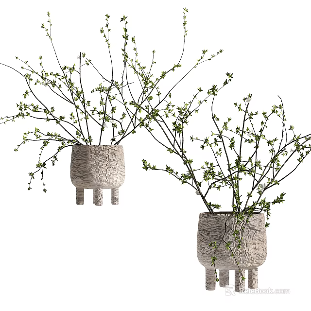 Two Textured Ceramic Planters With Branches And Small Green Leaves 3d model
