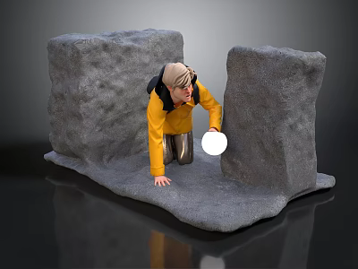 Portable White Hand Torch Used By Person In Yellow Jacket And Goggles Near Stones 3d model