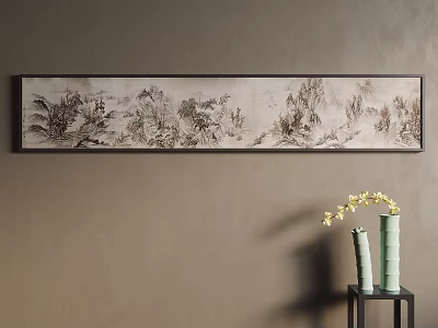 Traditional Ink Landscape Painting Hanging on Light Brown Wall with Green Vases and Yellow Flowers 3d model