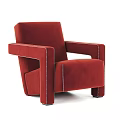 Red Velvet Single Sofa with White Stitching Structured Armrest and Modern Minimalist Design 3d model