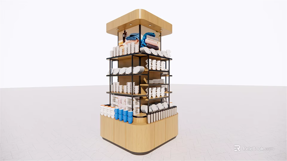 Multi Tiered Wooden and Metal Display Shelf for Retail Products with Bottles Boxes and Goods 3d model 