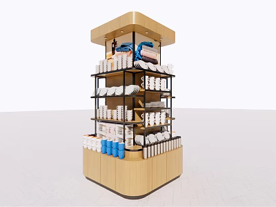 Multi Tiered Wooden and Metal Display Shelf for Retail Products with Bottles Boxes and Goods 3d model