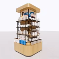 Multi Tiered Wooden and Metal Display Shelf for Retail Products with Bottles Boxes and Goods