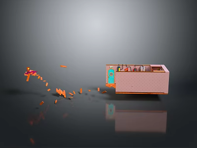 Landscape With Pink House Blue Door Flying Orange Fragments And Reflection On Gray Background 3d model