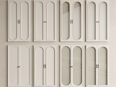 White Cabinet Doors With Various Designs Glass Panels And Golden Handles 3d model