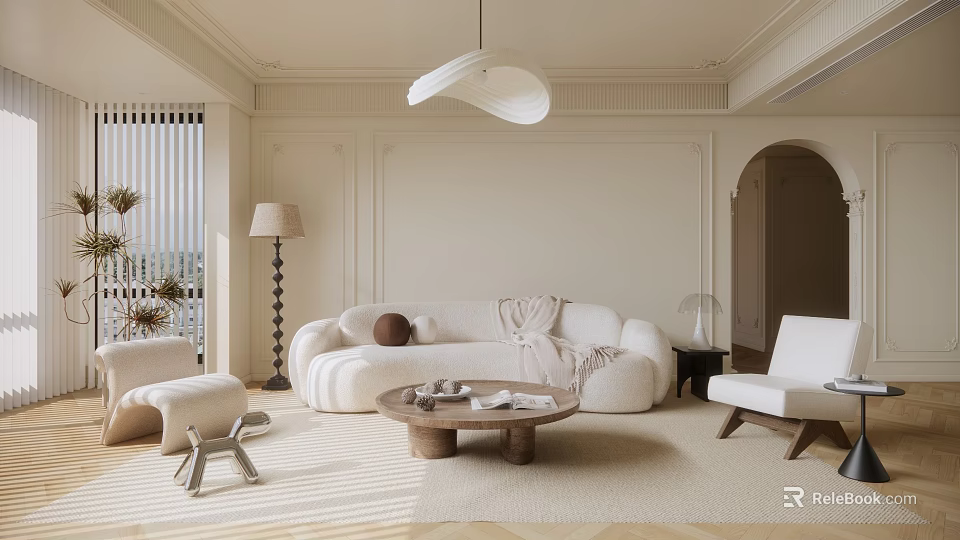 Cozy Modern Living Room Interior With Curved Sofa Floor Lamp And Wooden Coffee Table 3d model 