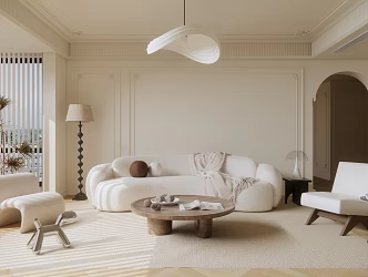 French Style Living Room Cream Home Living Room Fabric Multi-person Sofa Wooden Coffee Table Combination Leisure Chair Chandelier 3d model