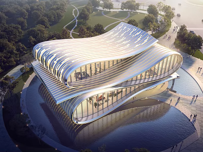 Modern Streamlined Building With Glass Facade At Waterfront 3d model
